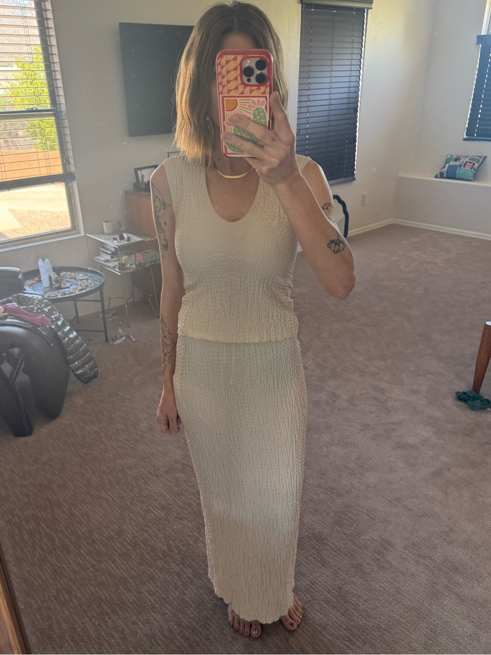 Zara Cream Textured Maxi Skirt Set